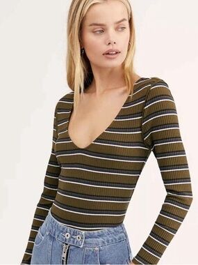 Free People Right On Time Ribbed Long Sleeve Top Striped V Neck Medium